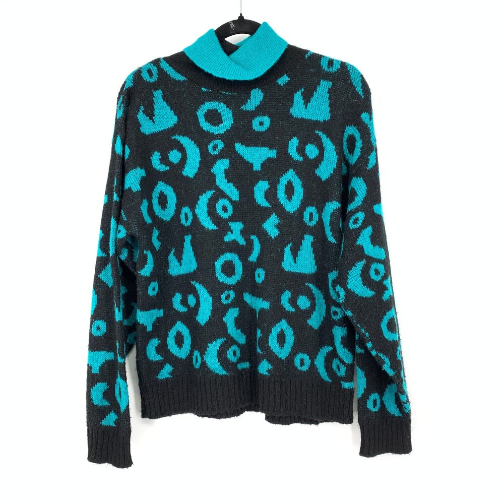 Vintage 80s Pullover Mock Neck Sweater Womens Sz M Teal Black Abstract Shapes